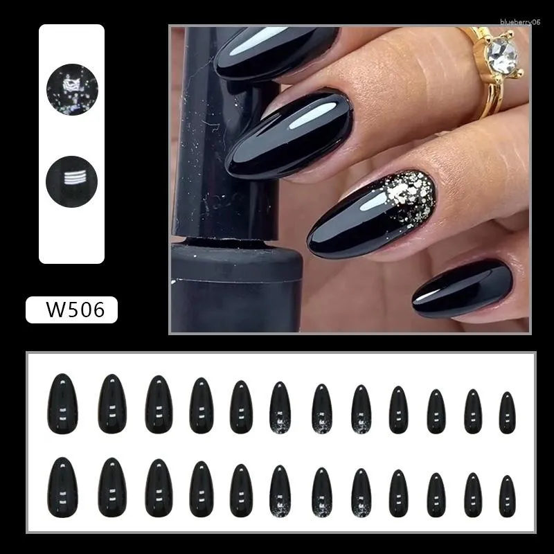 Dark Black Glitter Powder Long Almond Acrylic Nails Stiletto Black Full  Cover Art Set With Glue Charm For Y2K Music Parties And Sexy Girls From  Blueberry06, $5.73